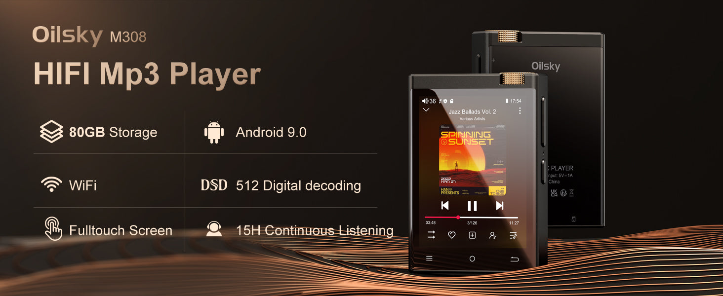 Oilsky Hi-Fi MP3 Player, Bluetooth/WiFi, Lossless DSD, 64GB Expandable