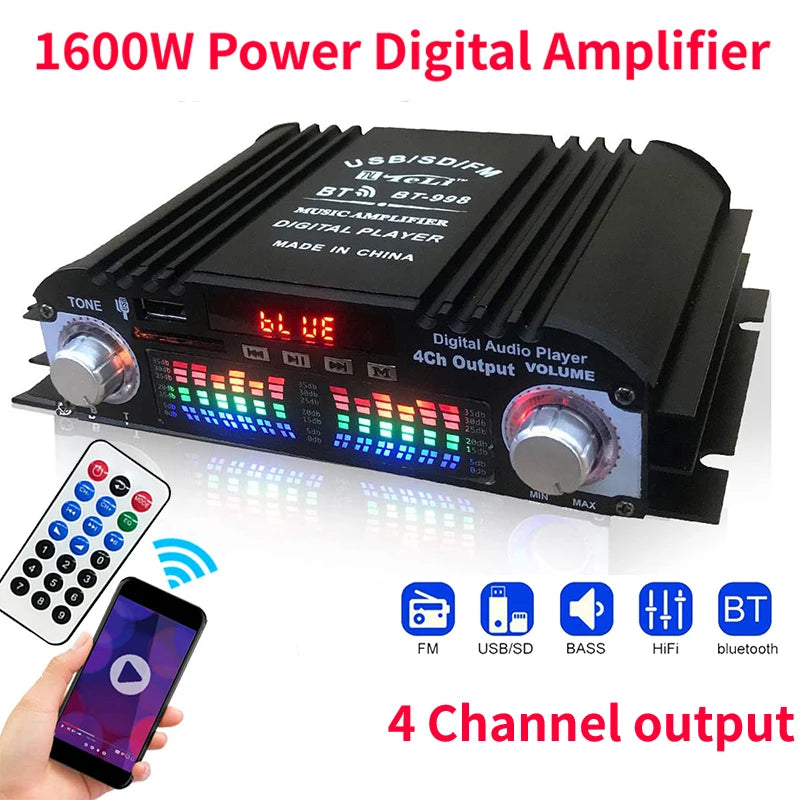 1600W 4-Channel HiFi Digital Audio Amplifier with Bluetooth & FM Radio