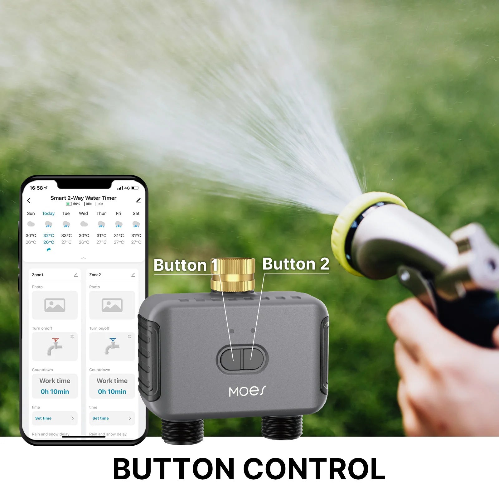 MOES Bluetooth Smart Garden Water Timer, 2-Way, Programmable