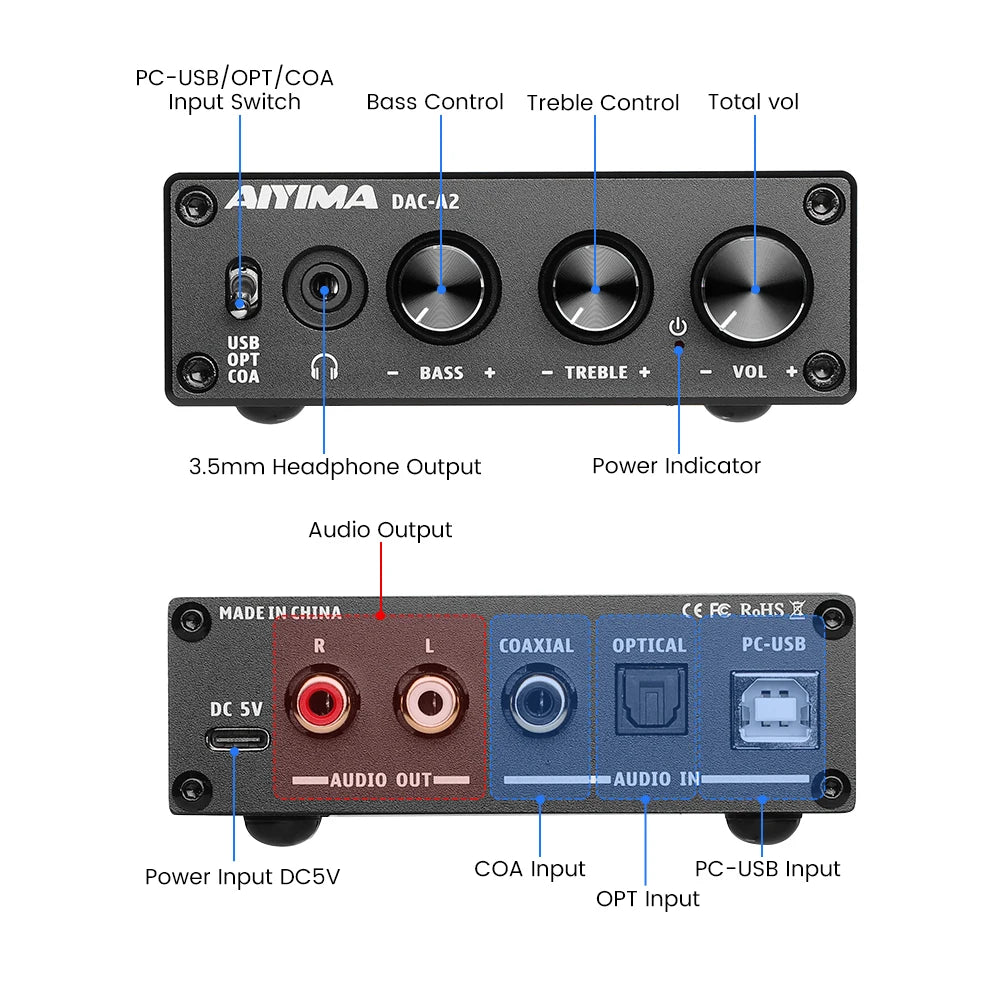 AIYIMA DAC-A2 HiFi USB DAC & Headphone Amplifier, Optical/Coaxial Output