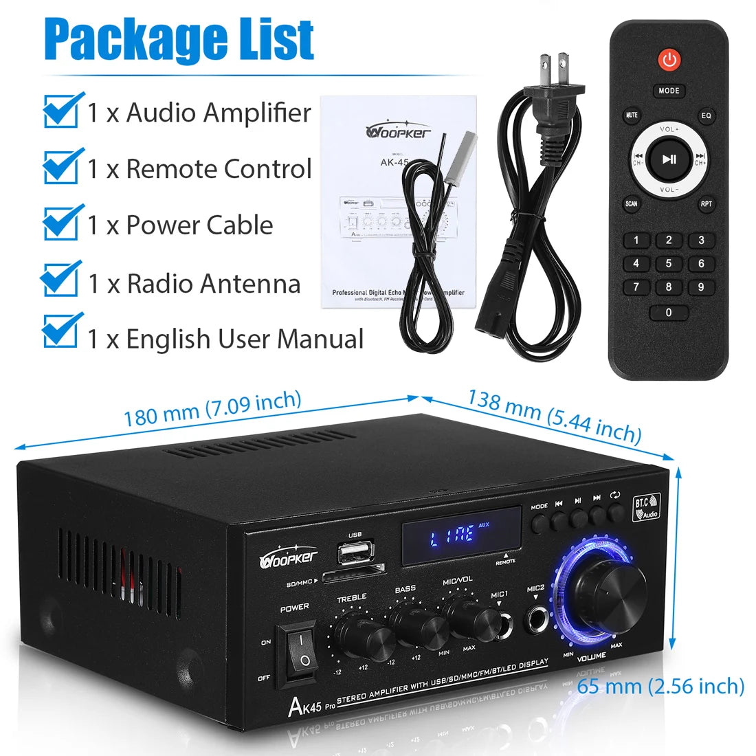 Woopker AK Series Digital Amplifier, Bluetooth, 2-Channel HiFi, FM/USB