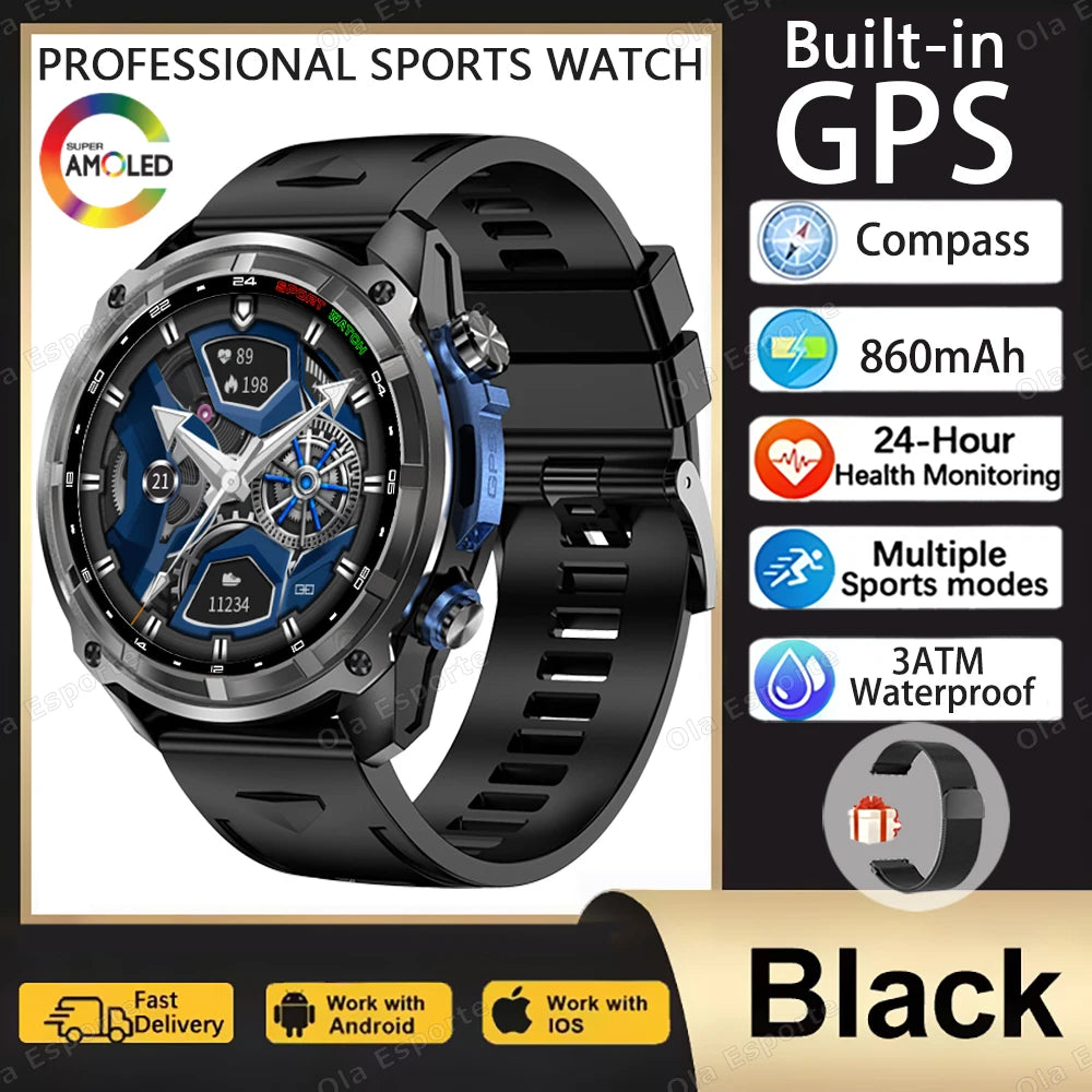 GPS Smartwatch for Men, 1.43" AMOLED, 3ATM Waterproof, 4GB Offline Map