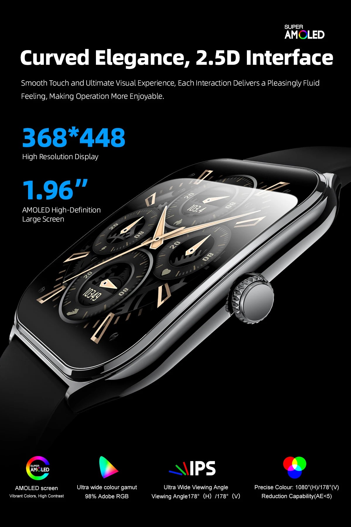 Ultra-Thin Smartwatch, 1.96" AMOLED, 360×360 HD, Always-On Display