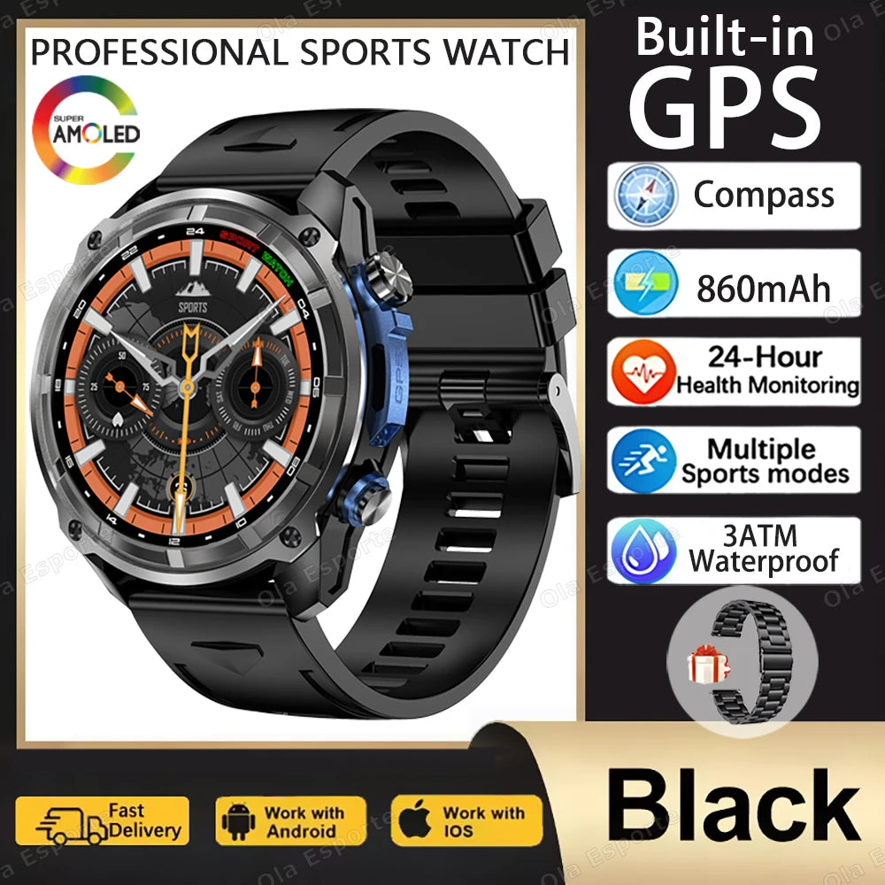 GPS Smartwatch for Men, 1.43" AMOLED, 3ATM Waterproof, 4GB Offline Map