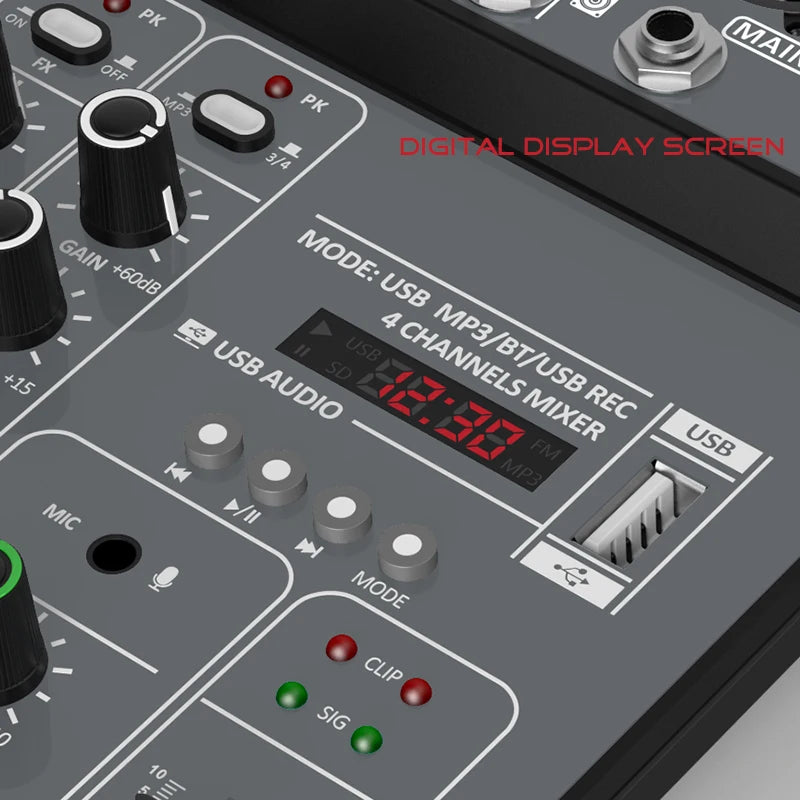 4-Channel USB Audio Mixer, Bluetooth, 48V Phantom Power