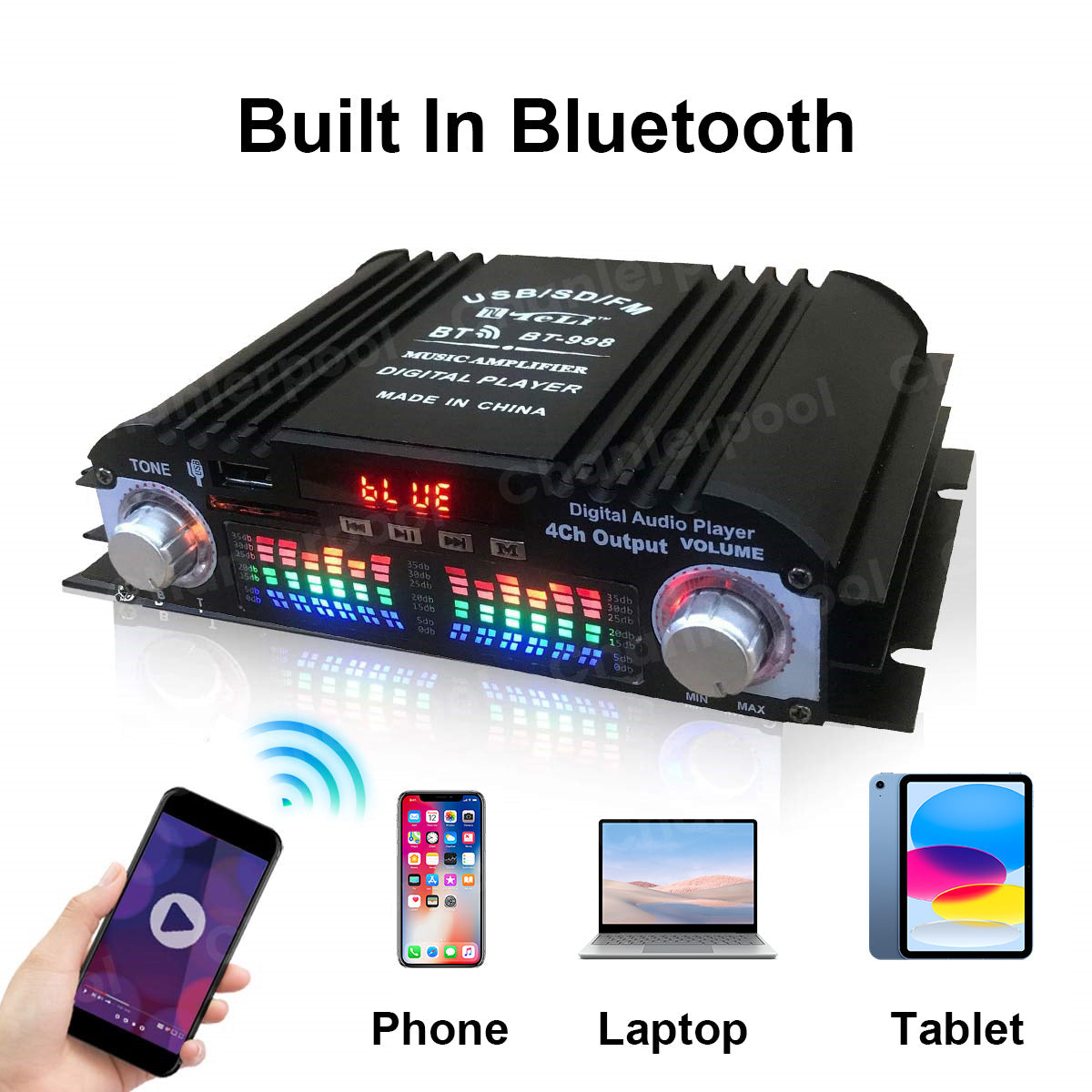 1600W 4-Channel HiFi Digital Audio Amplifier with Bluetooth & FM Radio