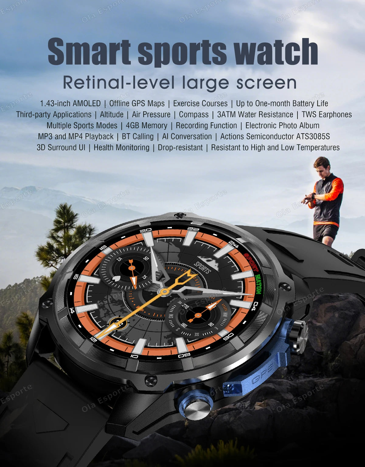 GPS Smartwatch for Men, 1.43" AMOLED, 3ATM Waterproof, 4GB Offline Map