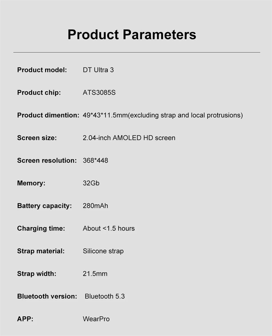 DT Ultra 3 Smartwatch, AMOLED, 4GB Music Player, Bluetooth, AI