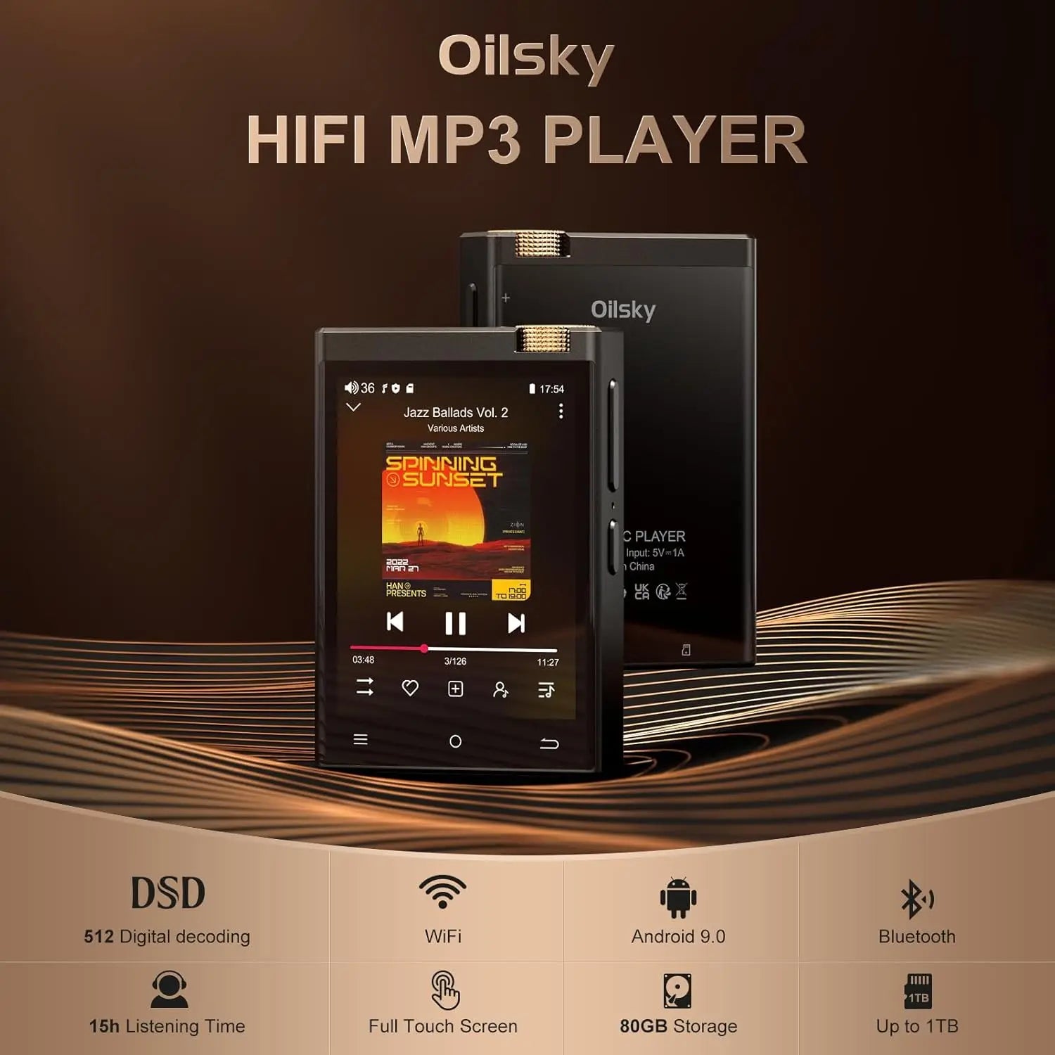 Oilsky Hi-Fi MP3 Player, Bluetooth/WiFi, Lossless DSD, 64GB Expandable