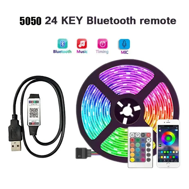 Smart 5050 RGB LED Strip Light, USB 5V, Bluetooth APP, Remote