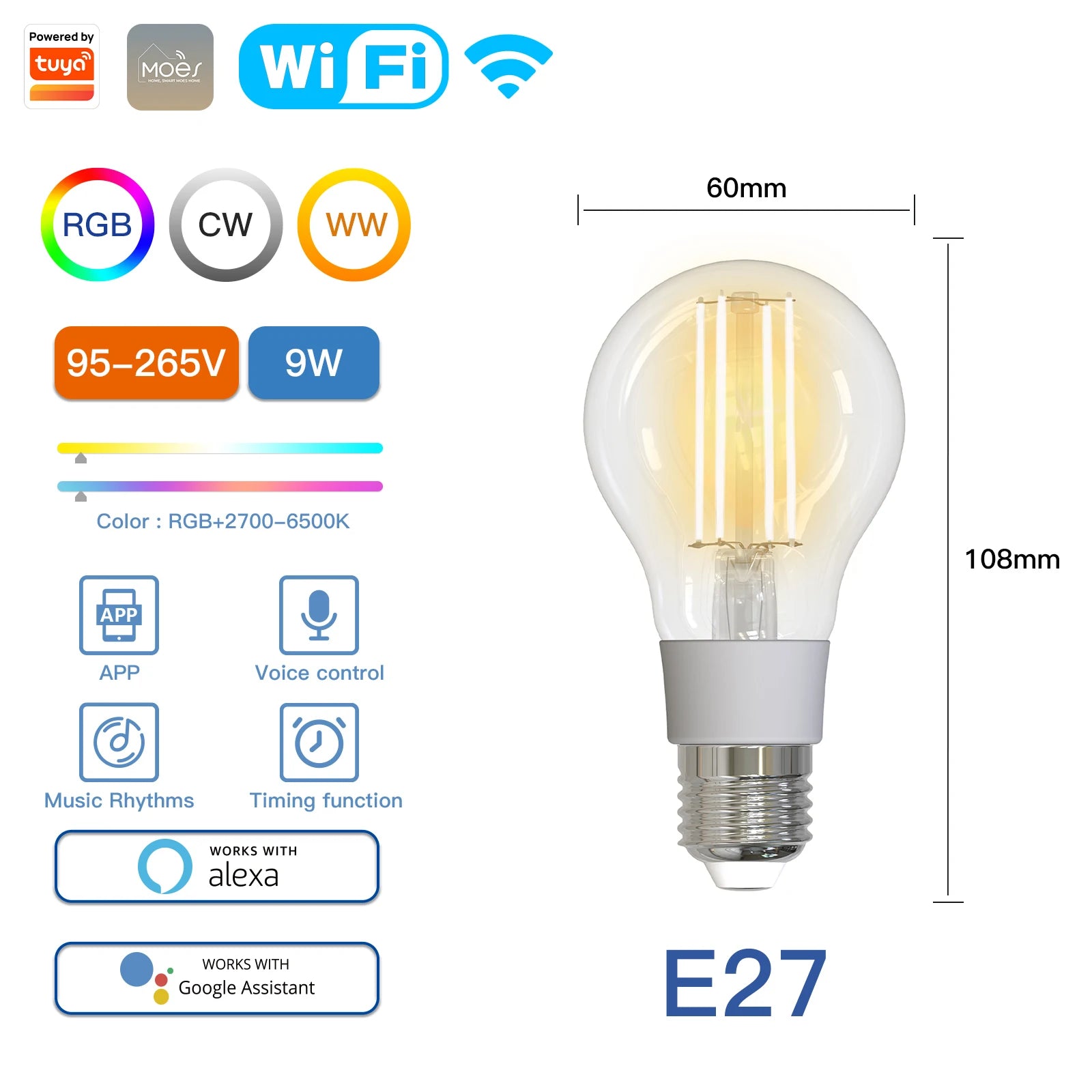 MOES Smart WiFi/Zigbee LED Bulb, GU10/E27/E14, RGB+CW, Dimmable
