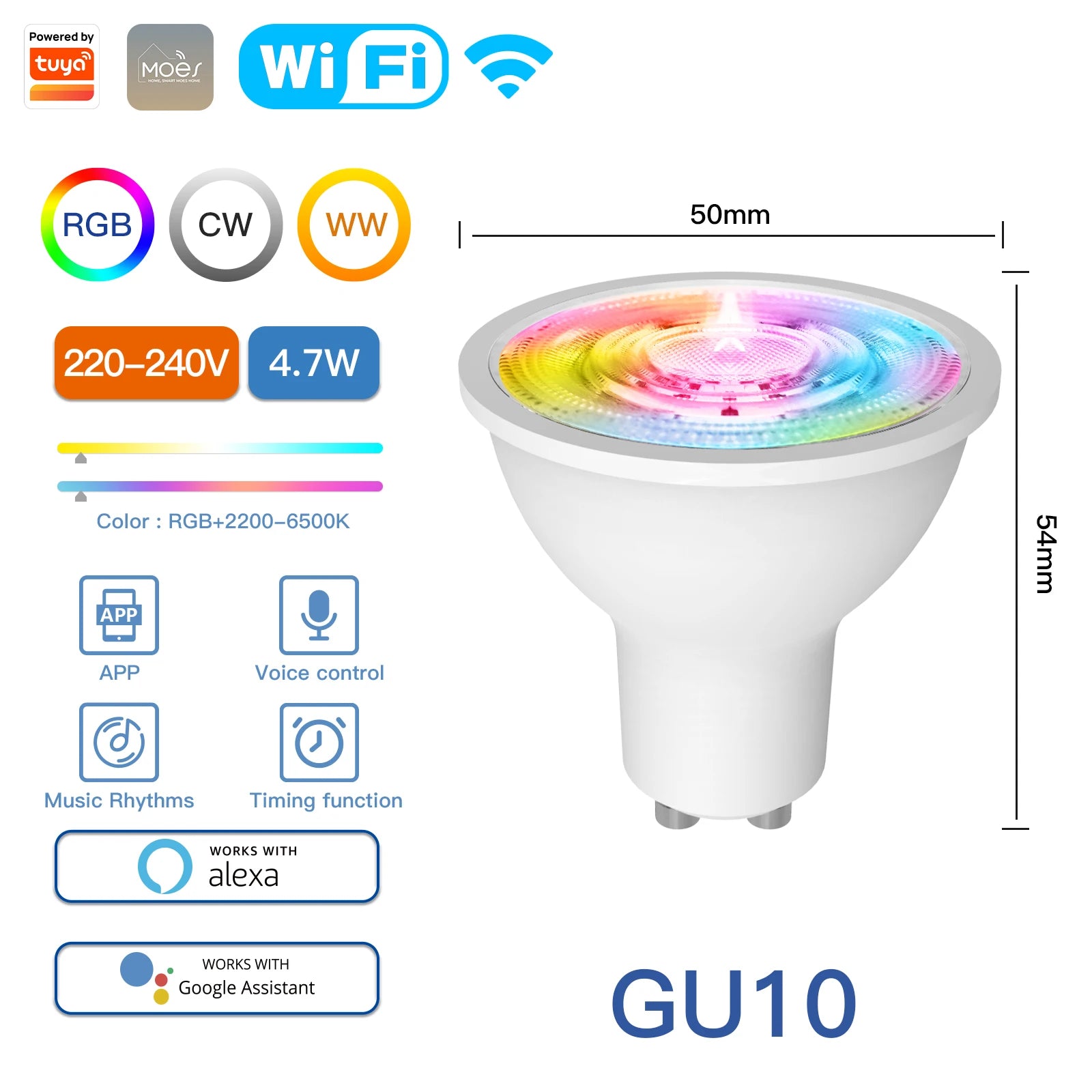MOES Smart WiFi/Zigbee LED Bulb, GU10/E27/E14, RGB+CW, Dimmable