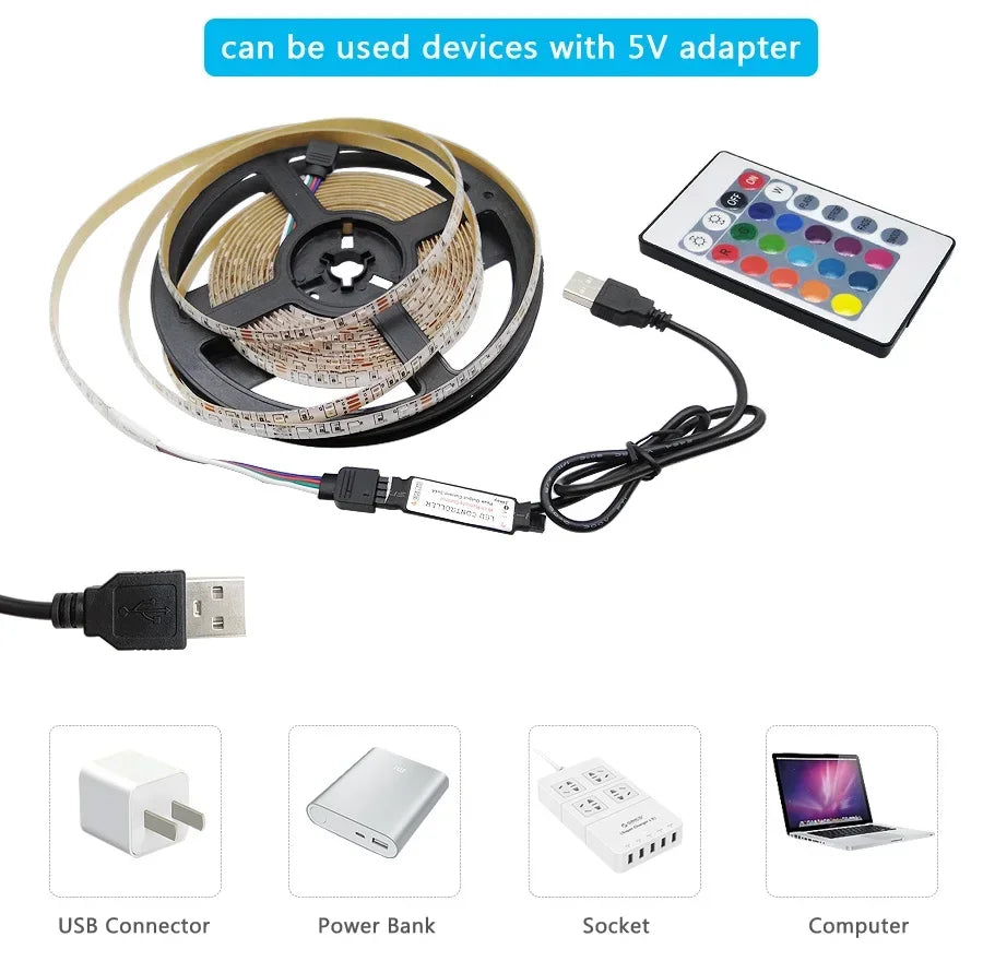 Smart 5050 RGB LED Strip Light, USB 5V, Bluetooth APP, Remote