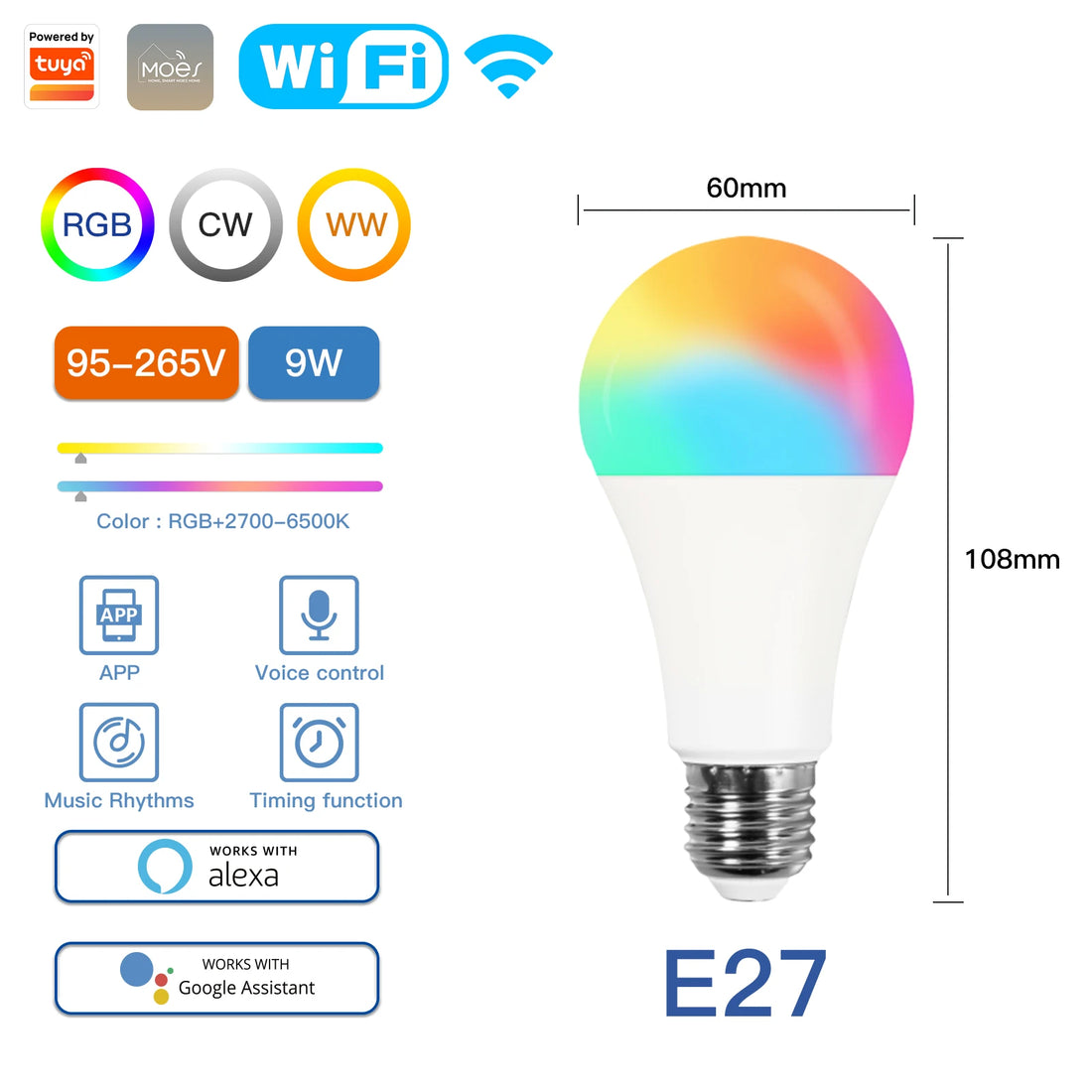 MOES Smart WiFi/Zigbee LED Bulb, GU10/E27/E14, RGB+CW, Dimmable