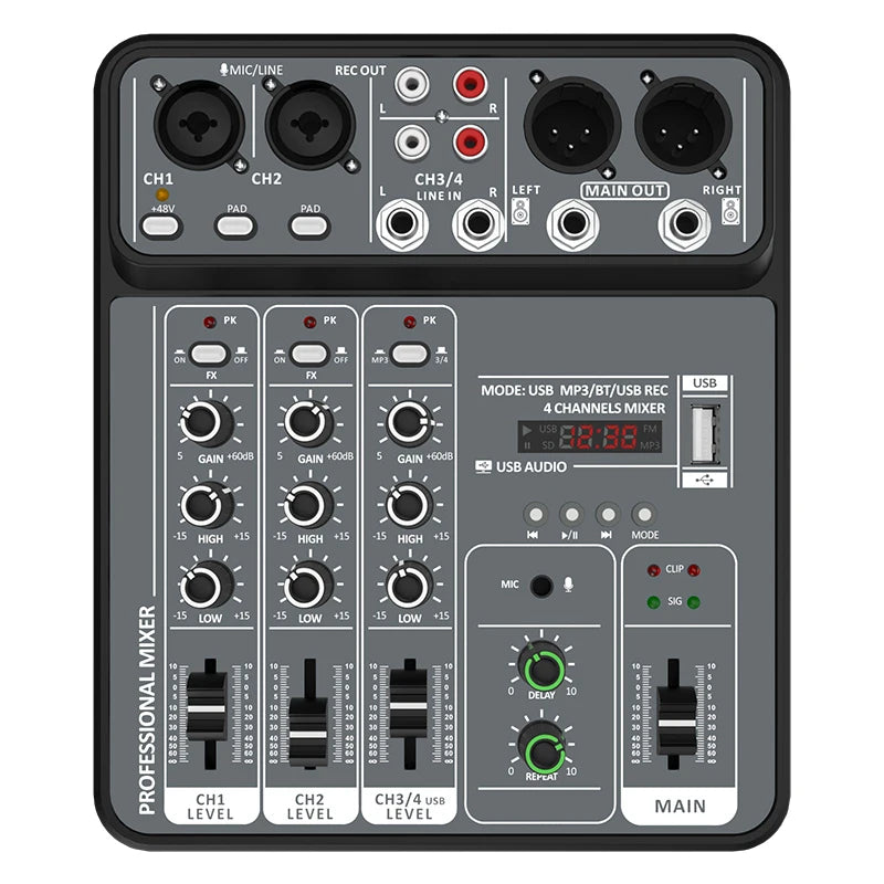 4-Channel USB Audio Mixer, Bluetooth, 48V Phantom Power