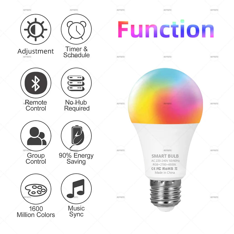Tuya Smart RGB LED Bulb, 15W/18W, E27/B22, Dimmable, Bluetooth