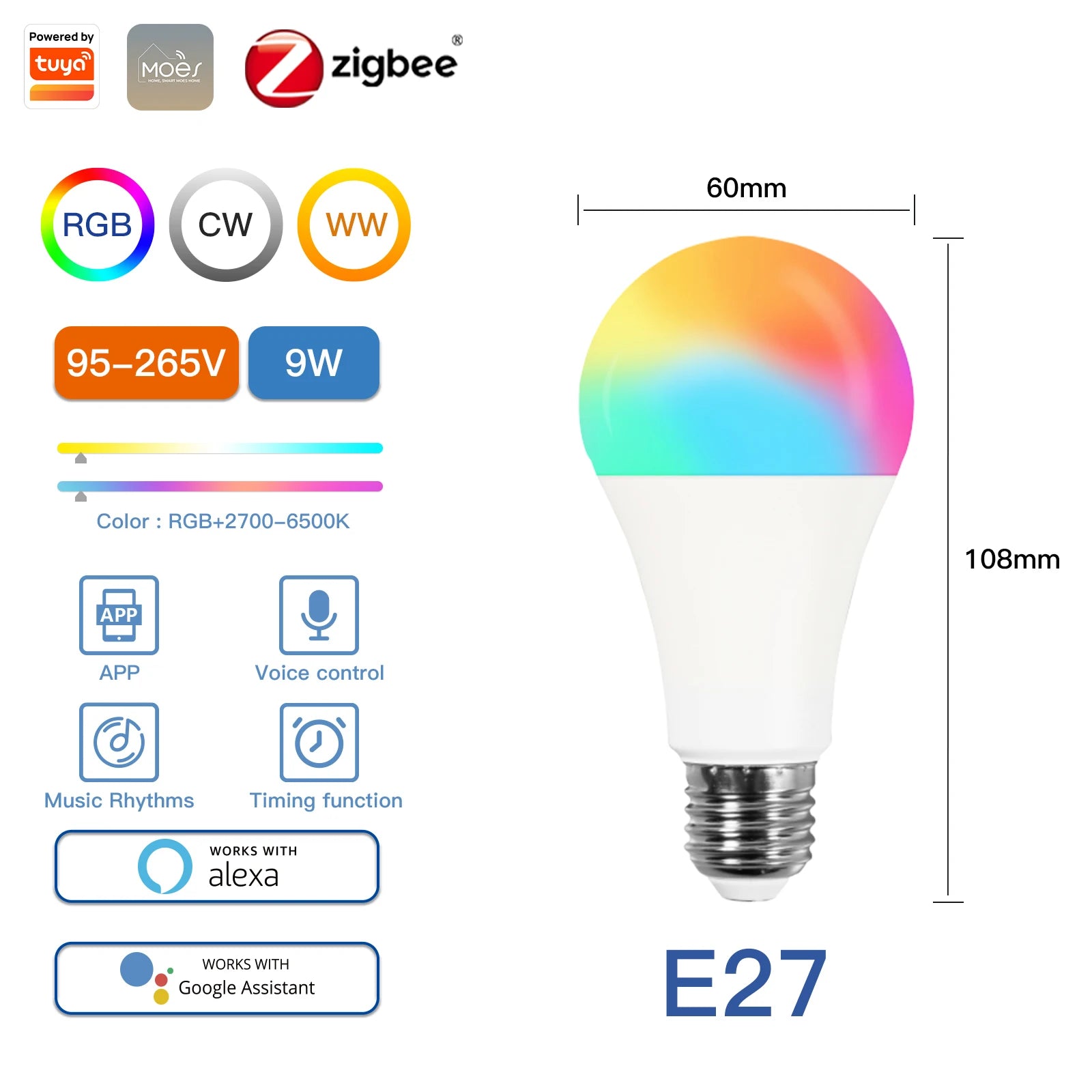 MOES Smart WiFi/Zigbee LED Bulb, GU10/E27/E14, RGB+CW, Dimmable