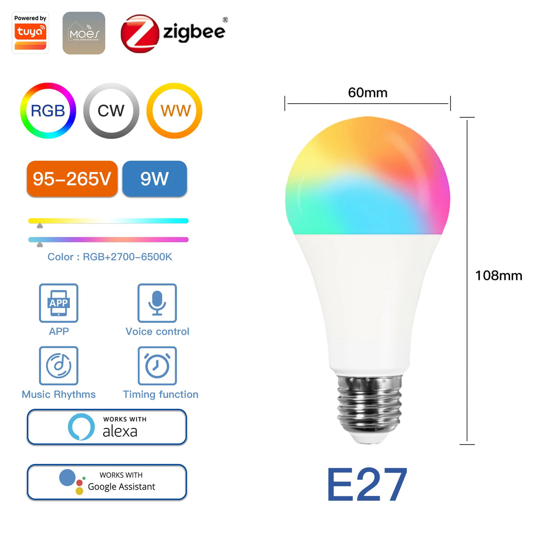 MOES Smart WiFi/Zigbee LED Bulb, GU10/E27/E14, RGB+CW, Dimmable