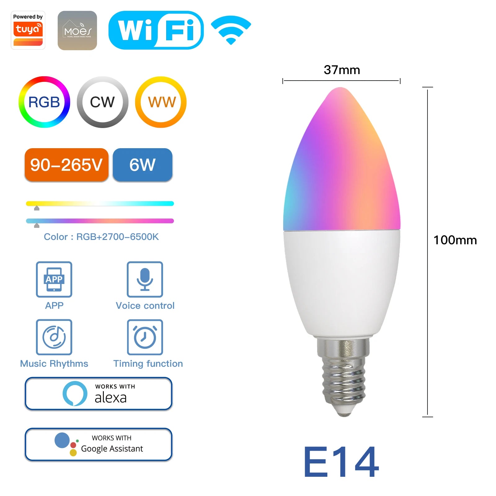 MOES Smart WiFi/Zigbee LED Bulb, GU10/E27/E14, RGB+CW, Dimmable