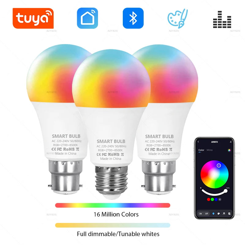 Tuya Smart RGB LED Bulb, 15W/18W, E27/B22, Dimmable, Bluetooth