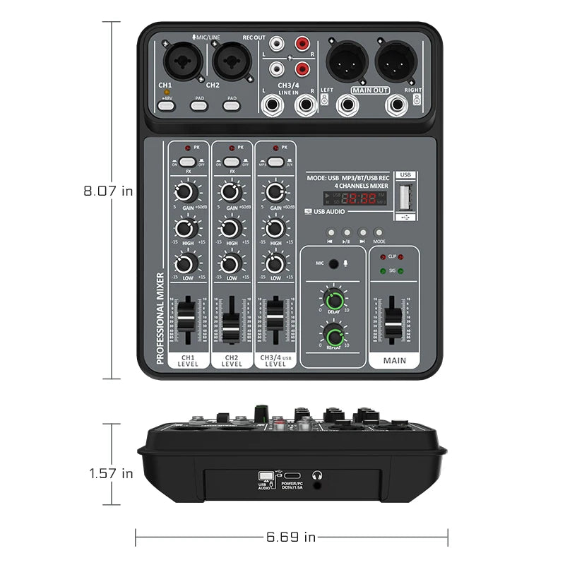 4-Channel USB Audio Mixer, Bluetooth, 48V Phantom Power