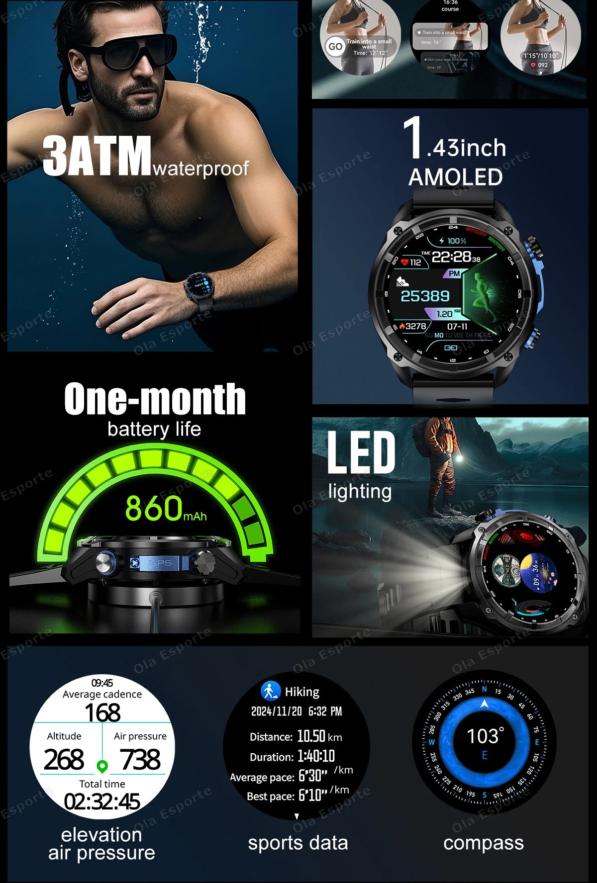 GPS Smartwatch for Men, 1.43" AMOLED, 3ATM Waterproof, 4GB Offline Map