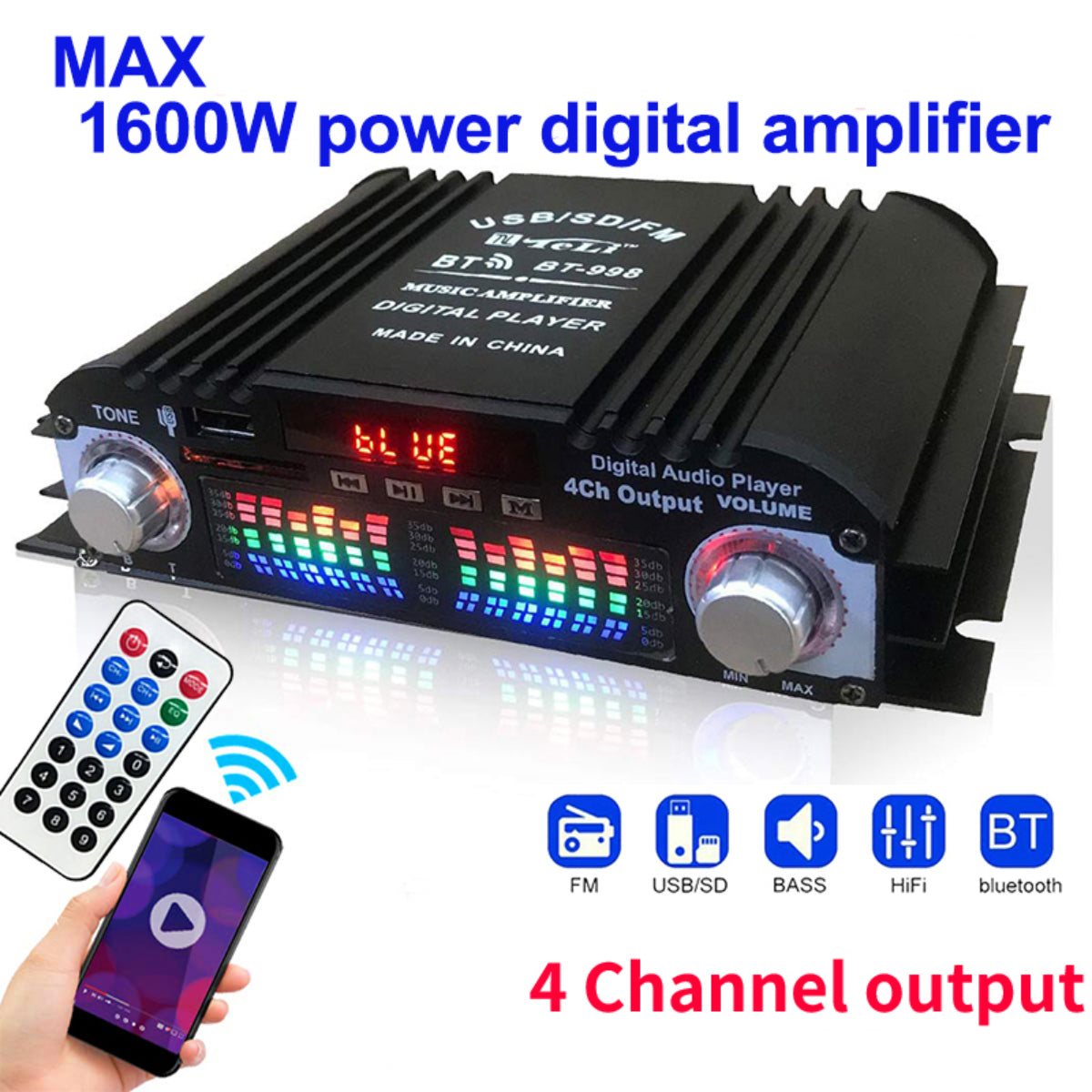 1600W 4-Channel HiFi Digital Audio Amplifier with Bluetooth & FM Radio