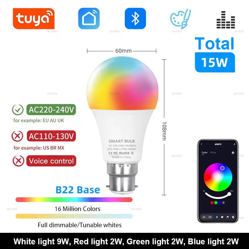 Tuya Smart RGB LED Bulb, 15W/18W, E27/B22, Dimmable, Bluetooth