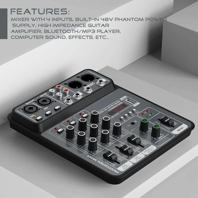 4-Channel USB Audio Mixer, Bluetooth, 48V Phantom Power