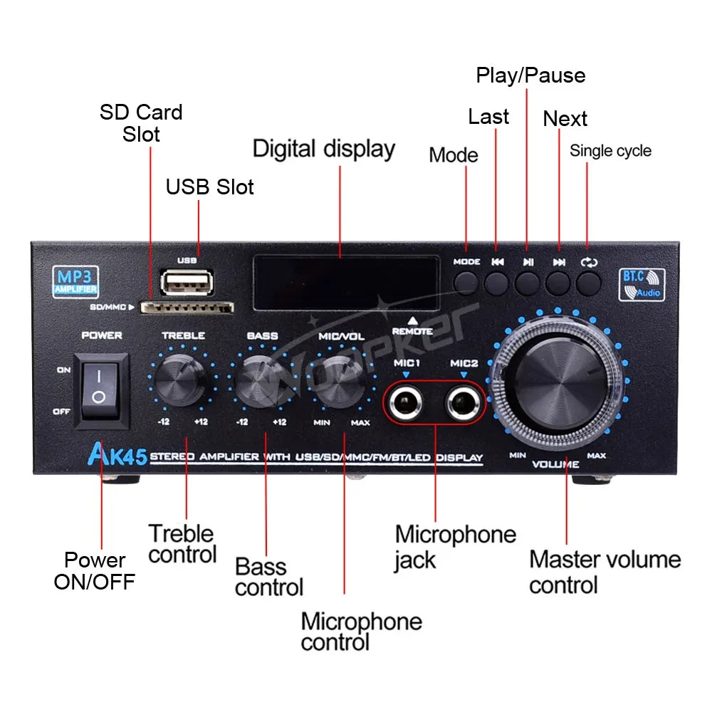 Woopker AK Series Digital Amplifier, Bluetooth, 2-Channel HiFi, FM/USB
