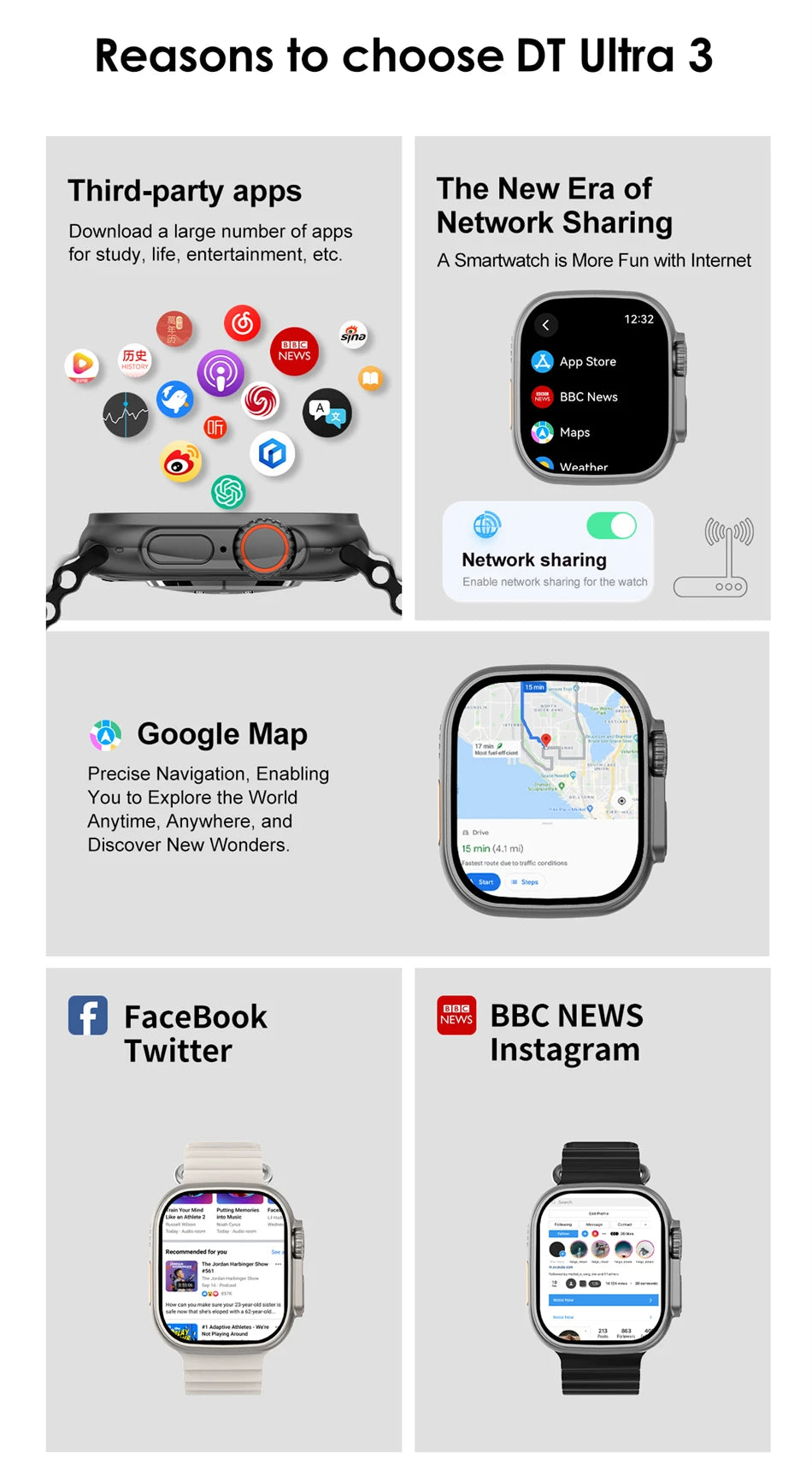 DT Ultra 3 Smartwatch, AMOLED, 4GB Music Player, Bluetooth, AI