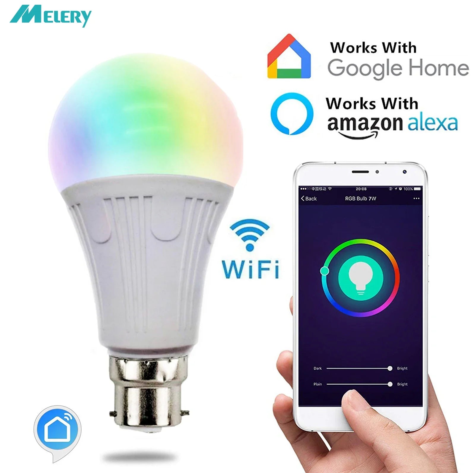Melery WiFi Smart LED Bulb, B22 A19, 7W (70W Eq), Alexa/Google