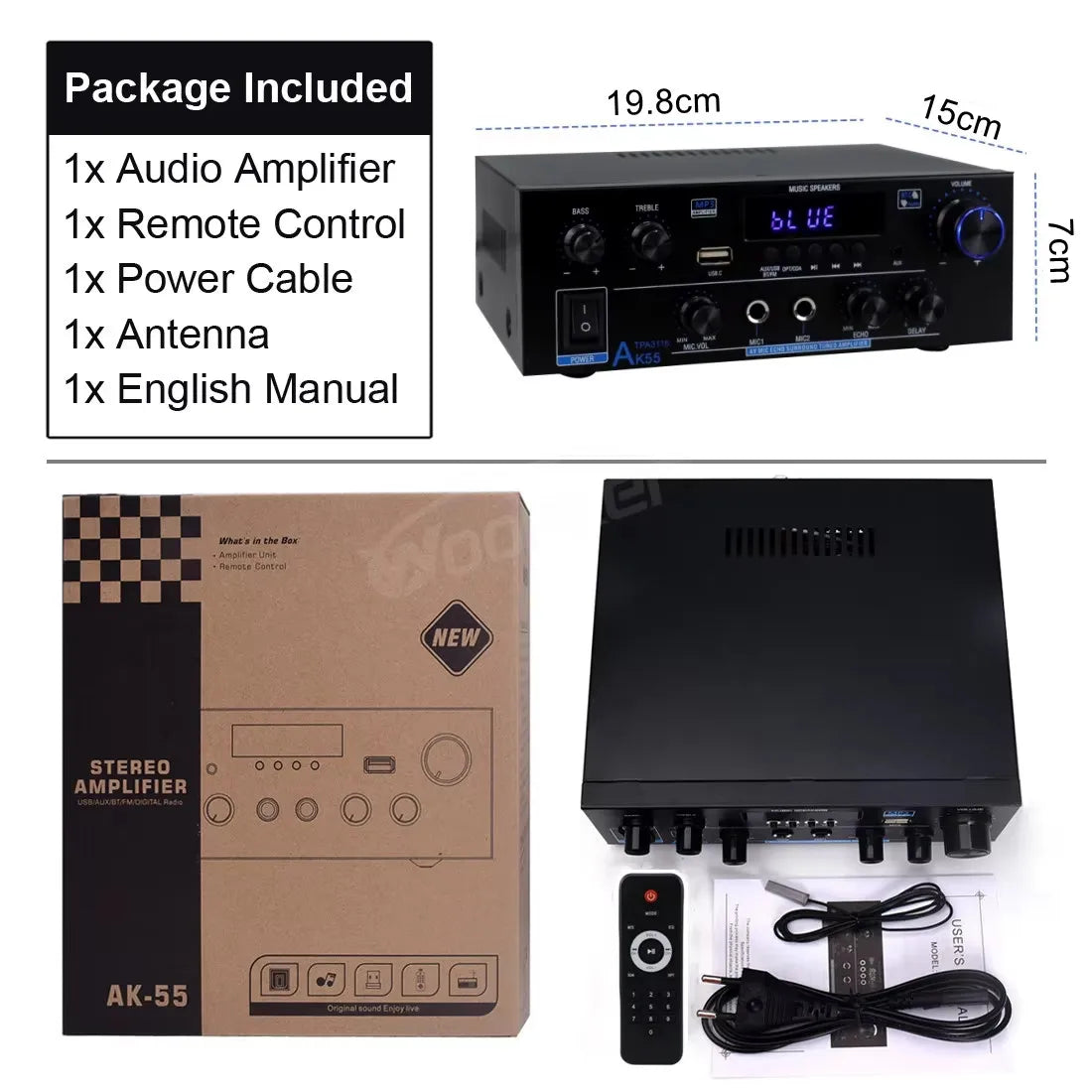 Woopker AK Series Digital Amplifier, Bluetooth, 2-Channel HiFi, FM/USB