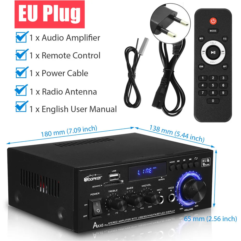 Woopker AK Series Digital Amplifier, Bluetooth, 2-Channel HiFi, FM/USB