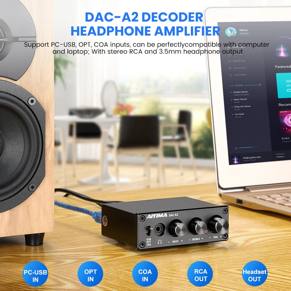 AIYIMA DAC-A2 HiFi USB DAC & Headphone Amplifier, Optical/Coaxial Output