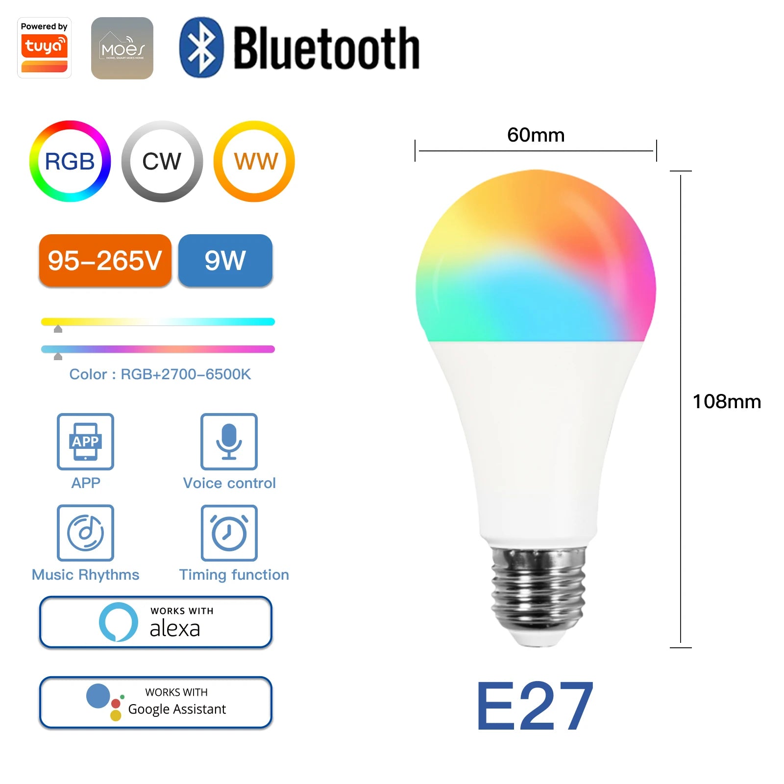 MOES Smart WiFi/Zigbee LED Bulb, GU10/E27/E14, RGB+CW, Dimmable
