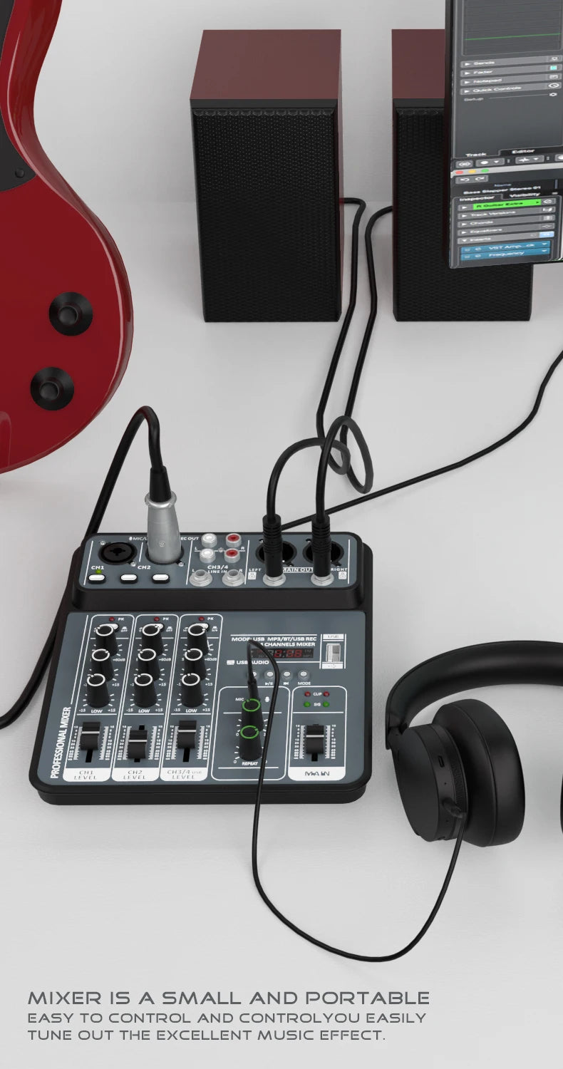 4-Channel USB Audio Mixer, Bluetooth, 48V Phantom Power