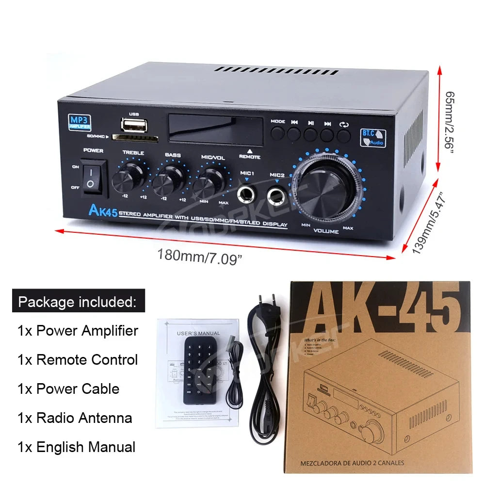Woopker AK Series Digital Amplifier, Bluetooth, 2-Channel HiFi, FM/USB