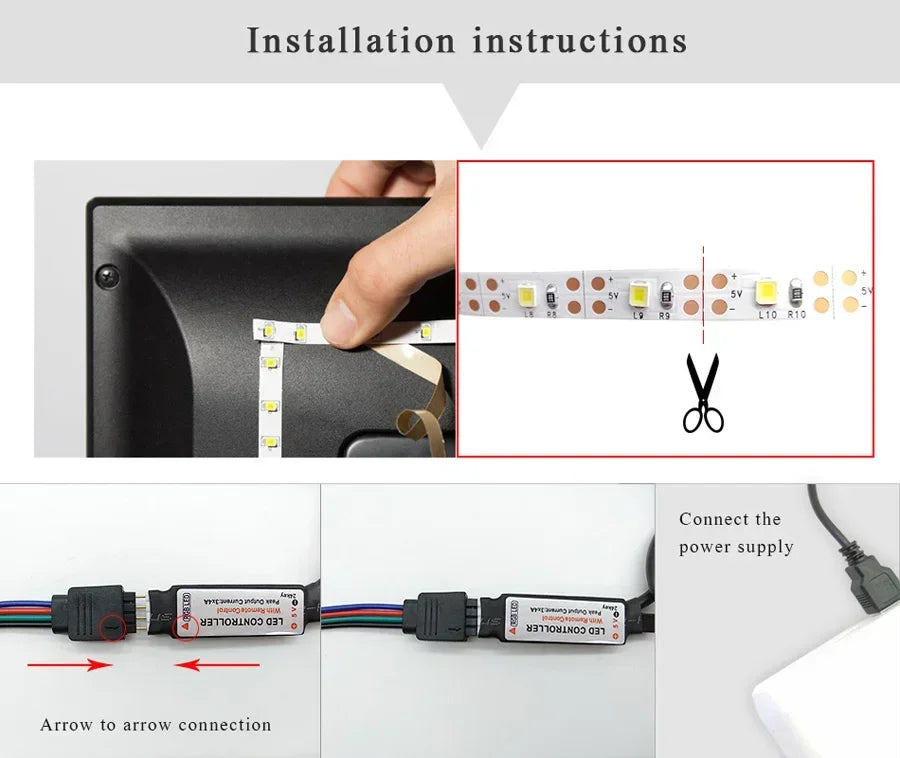 Smart 5050 RGB LED Strip Light, USB 5V, Bluetooth APP, Remote