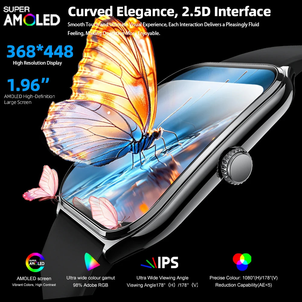 Ultra-Thin Smartwatch, 1.96" AMOLED, 360×360 HD, Always-On Display