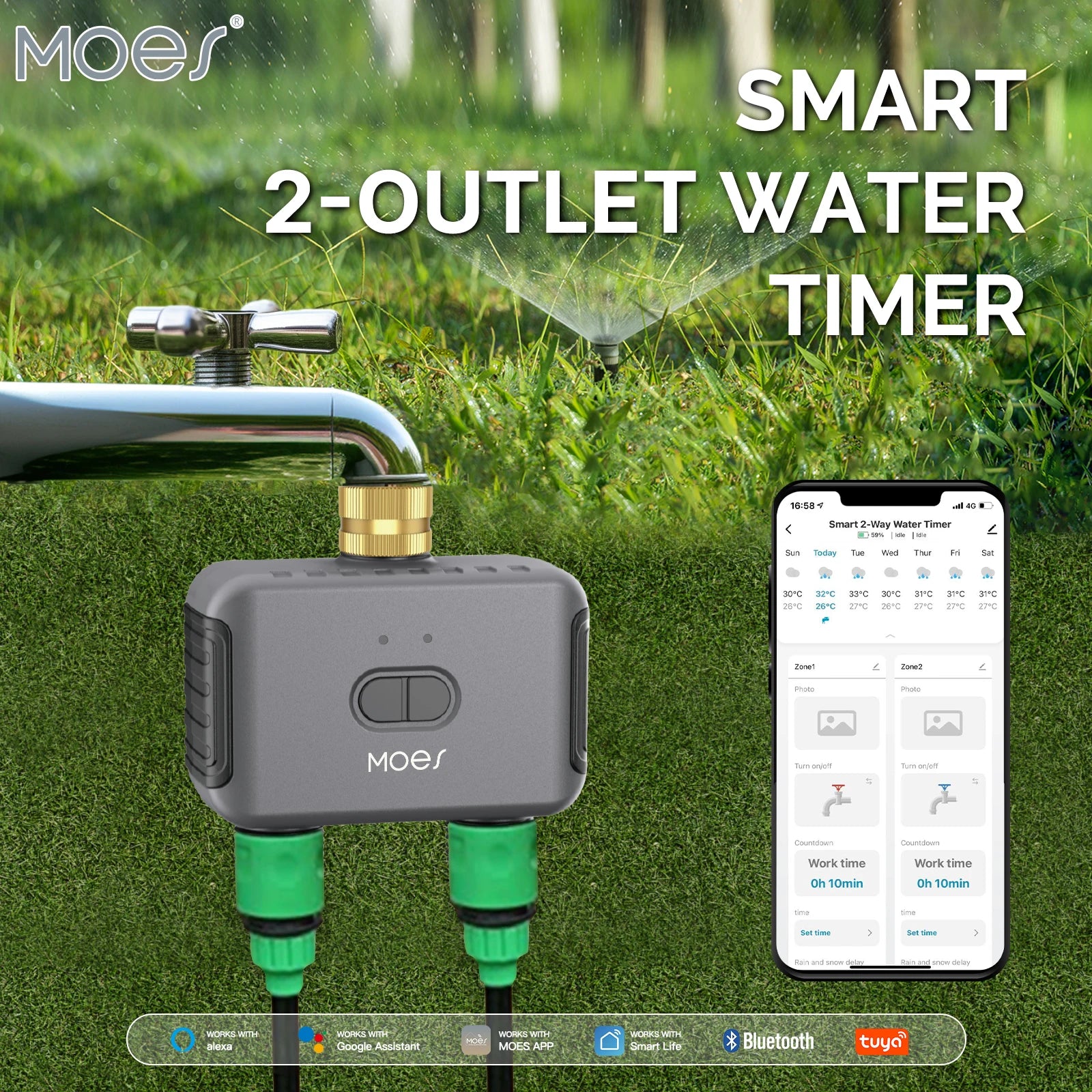 MOES Bluetooth Smart Garden Water Timer, 2-Way, Programmable