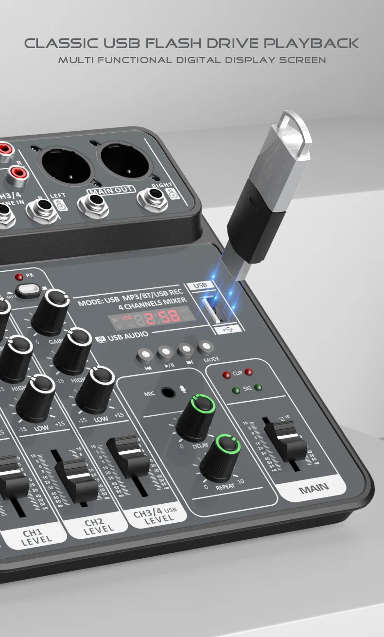 4-Channel USB Audio Mixer, Bluetooth, 48V Phantom Power