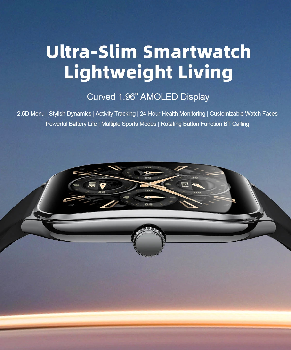 Ultra-Thin Smartwatch, 1.96" AMOLED, 360×360 HD, Always-On Display