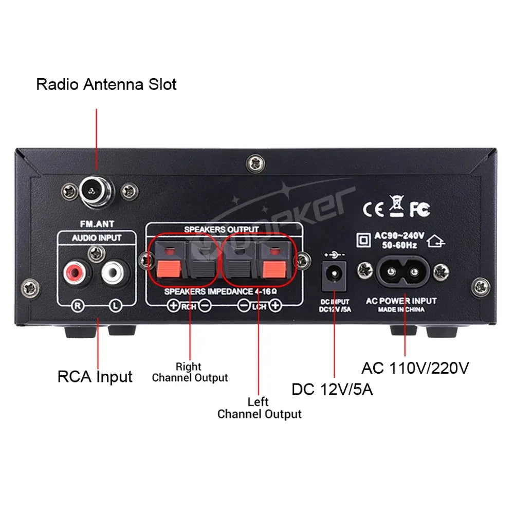 Woopker AK Series Digital Amplifier, Bluetooth, 2-Channel HiFi, FM/USB