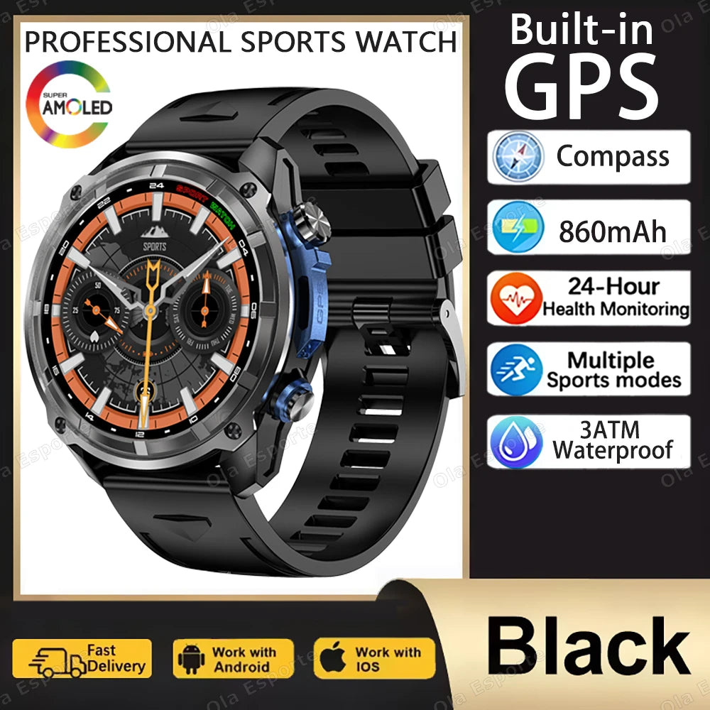 GPS Smartwatch for Men, 1.43" AMOLED, 3ATM Waterproof, 4GB Offline Map