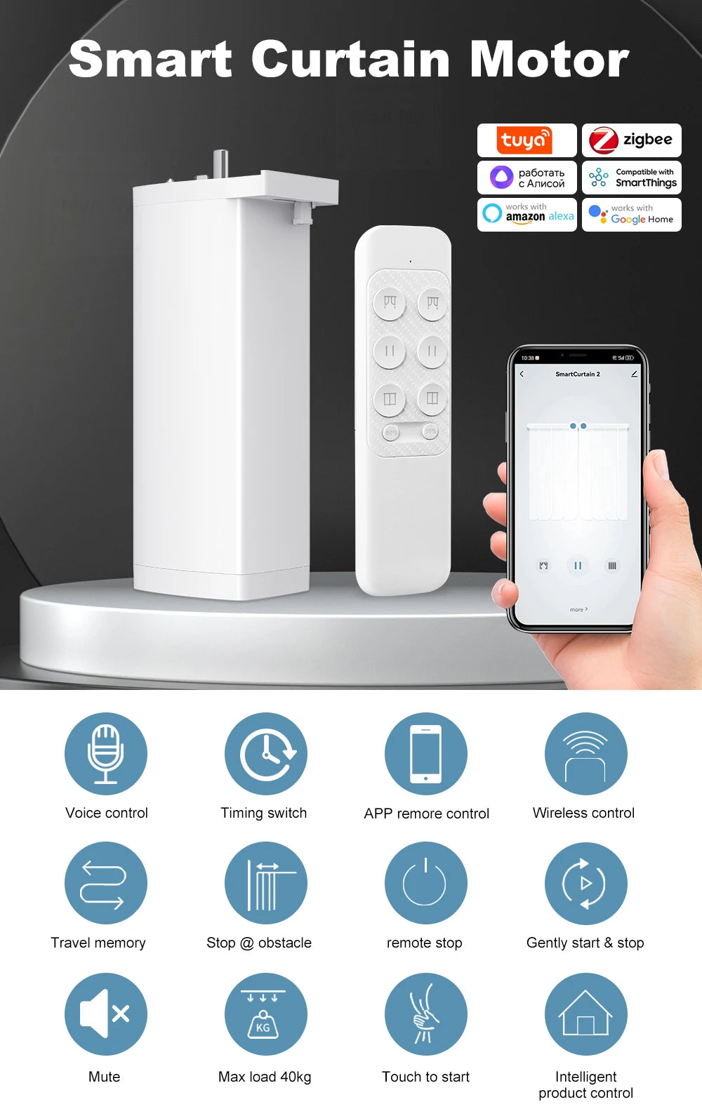 Tuya Smart Zigbee/WiFi Curtain Motor, 155mm Silent Electric Shutter