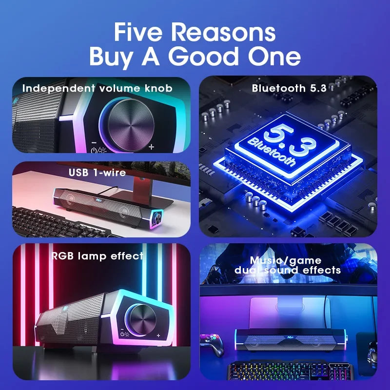 4D Bluetooth 5.0 Computer Soundbar with Stereo Subwoofer