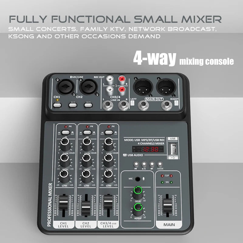 4-Channel USB Audio Mixer, Bluetooth, 48V Phantom Power