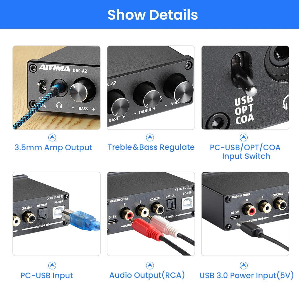 AIYIMA DAC-A2 HiFi USB DAC & Headphone Amplifier, Optical/Coaxial Output