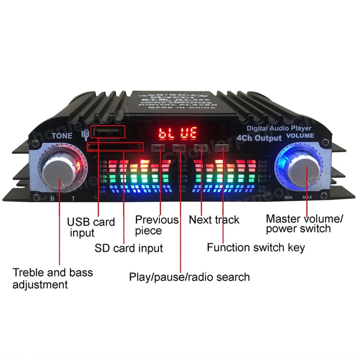 1600W 4-Channel HiFi Digital Audio Amplifier with Bluetooth & FM Radio